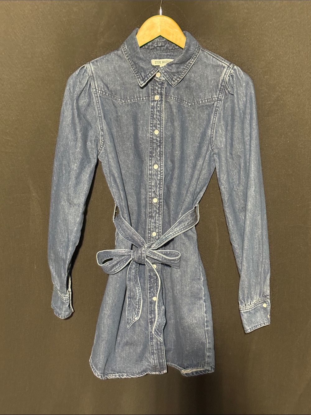 Steve Madden Blue Denim Long-Sleeve Shirt Dress with Tie Waist